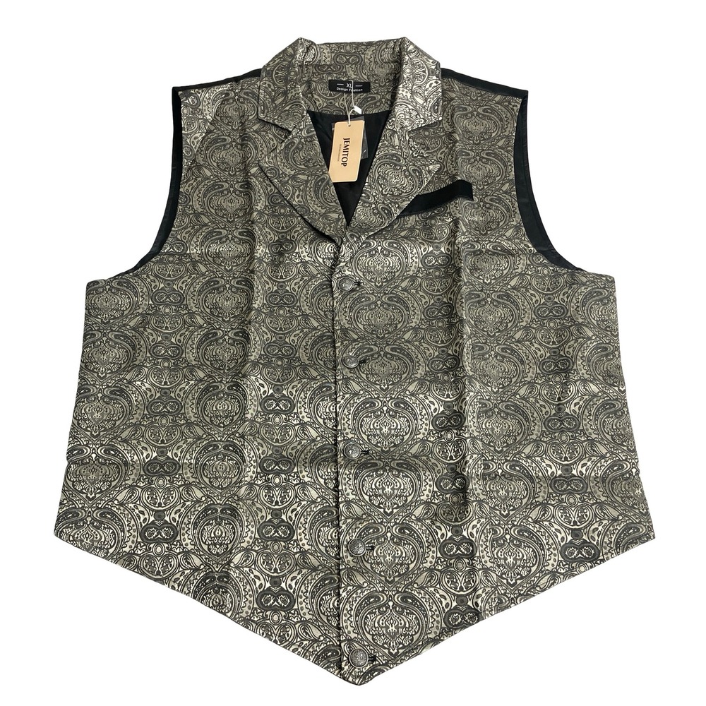 Paisley Jacquard Suit Vest Mens XL Silver Black Steampunk Victorian Gothic